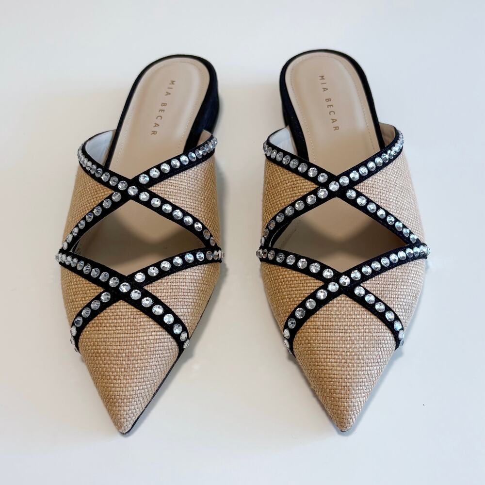 Mia Becar Ines Flat Mule EU 39 Italian Leather Raffia Crystals Slip On Feminine